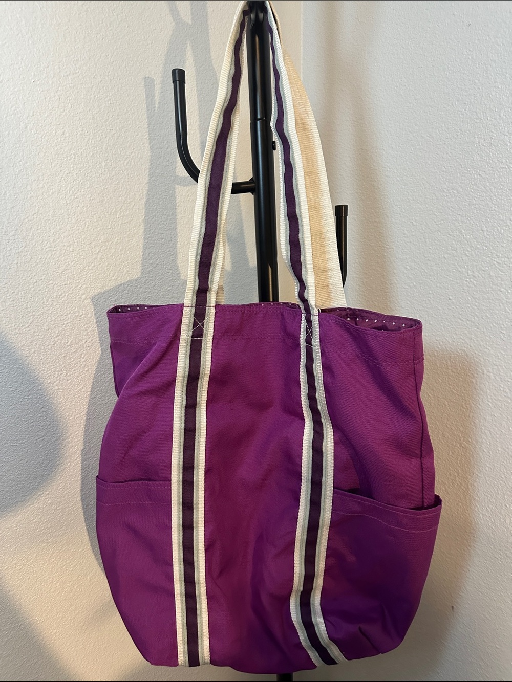 Purple Canvas Tote with Contrast Cream-Strap Accents